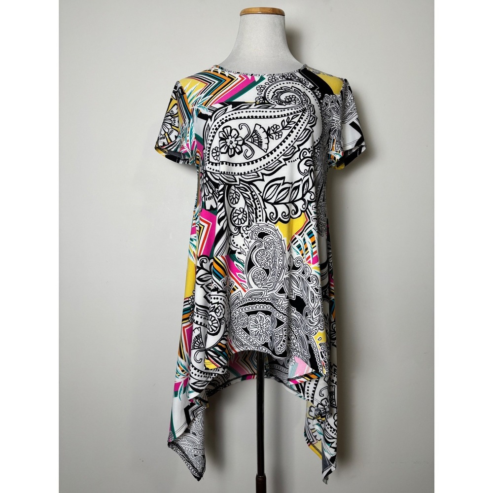 Melissa Paige Asymmetric Artsy Eclectic Tunic Top‎ M Paisley Short Sleeve Flowy